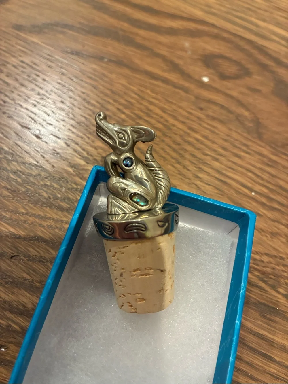 Decorative Wolf Cork Bottle Stopper in Turquoise and Gold by Glen Rabena